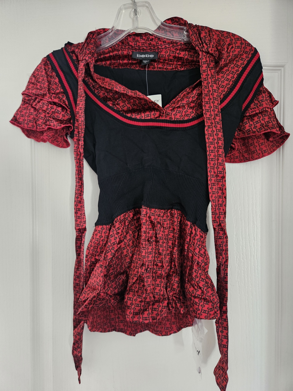 bebe Red and Black Short Sleeve Ruffle Knit Top with Scarf Tie